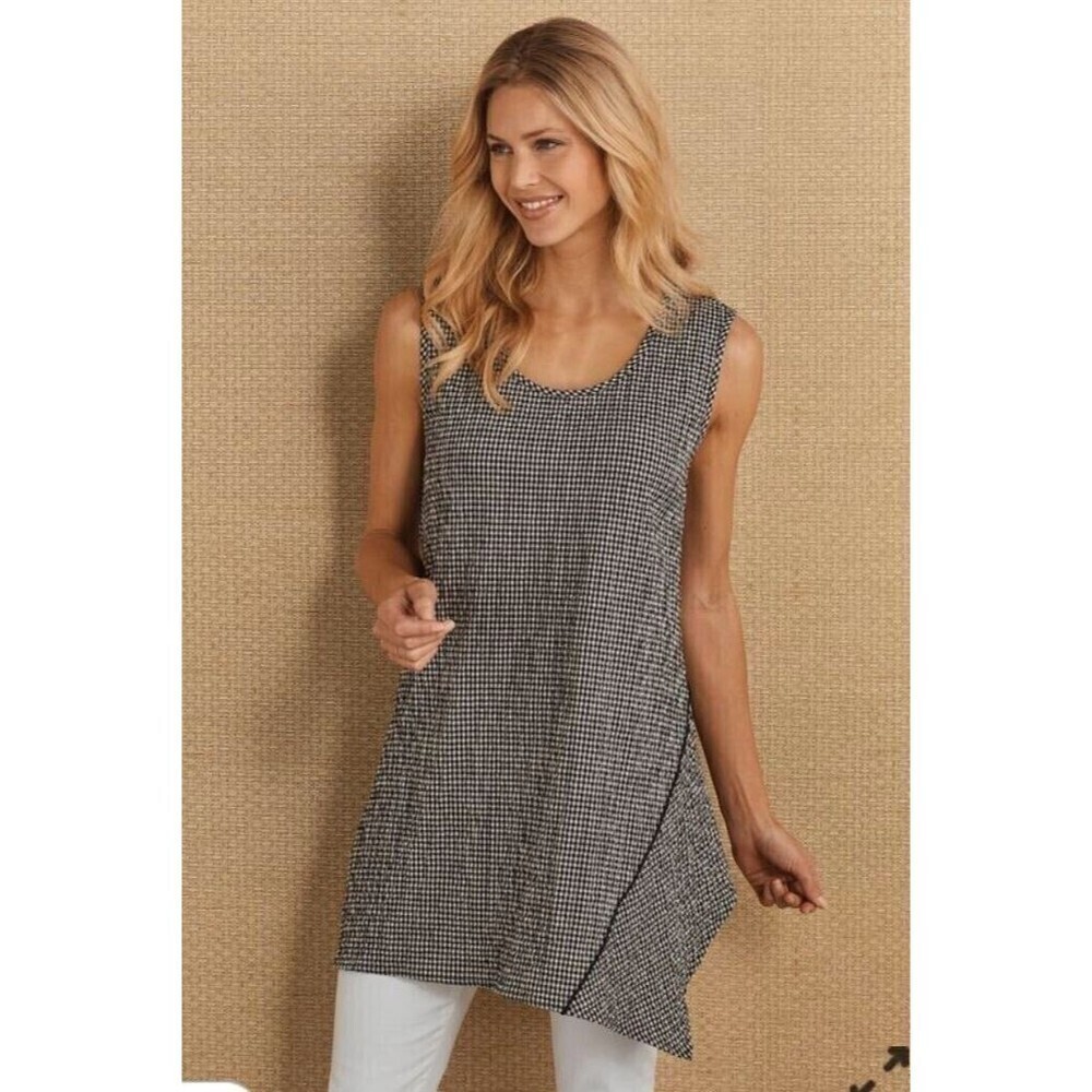 Soft Surroundings Tunic Top Gingham Check Black White Asymmetric Hem Textured L